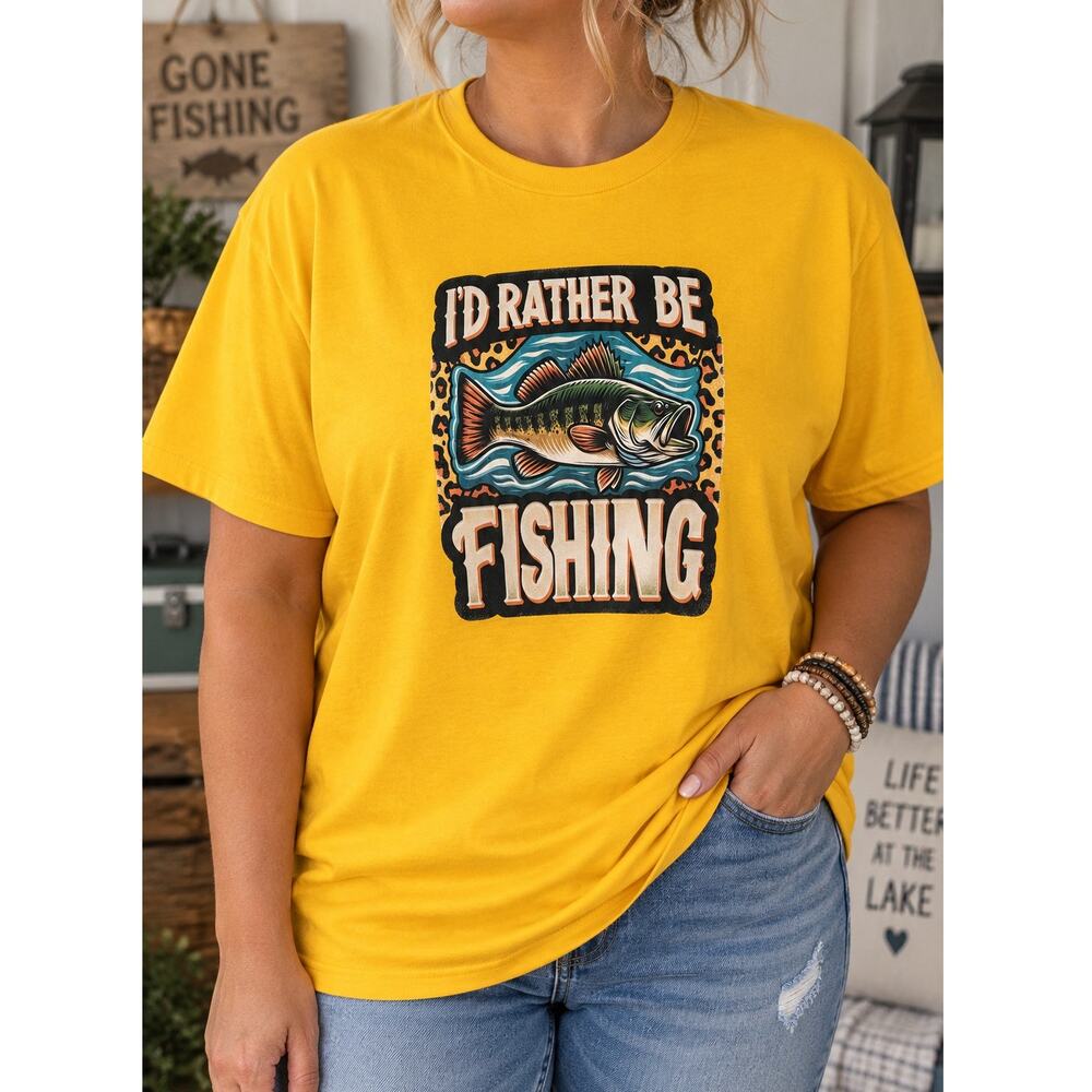 Gildan Heavy Cotton 2XL Yellow I’d Rather Be Fishing Custom Graphic T-Shirt NWOT